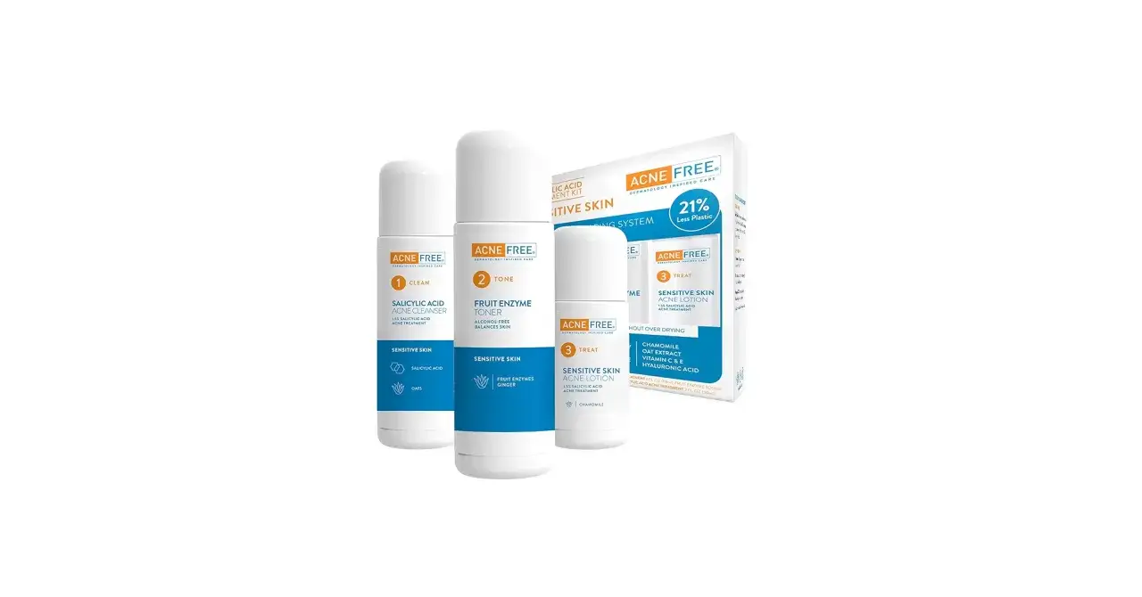 Zestaw kosmetyków Acne Free z kwasem salicylowym i klindamycyną do skóry wrażliwej.
