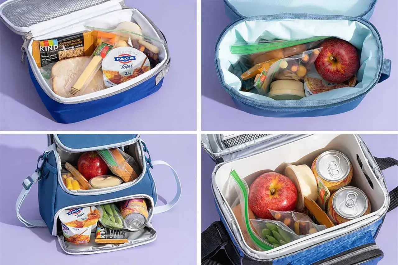 These bento boxes are packed with snacks like apples, yogurt, and drinks. They're designed to keep food cool, not warm.