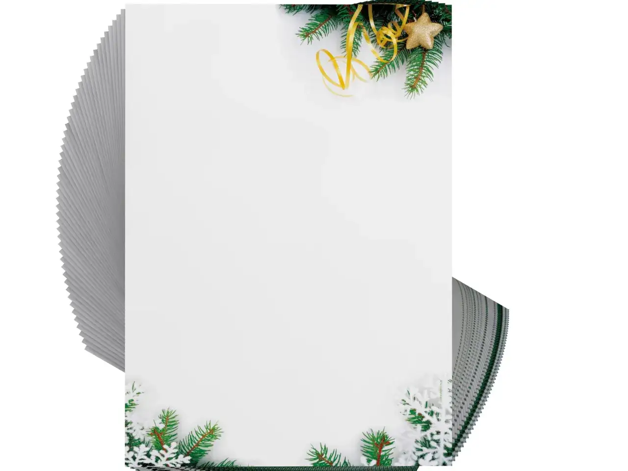 Kostenlose **Briefpapier Weihnachten zum Ausdrucken** mit Tannenzweigen, goldenen Sternen und Schneeflocken. Perfekt für festliche Grüße!