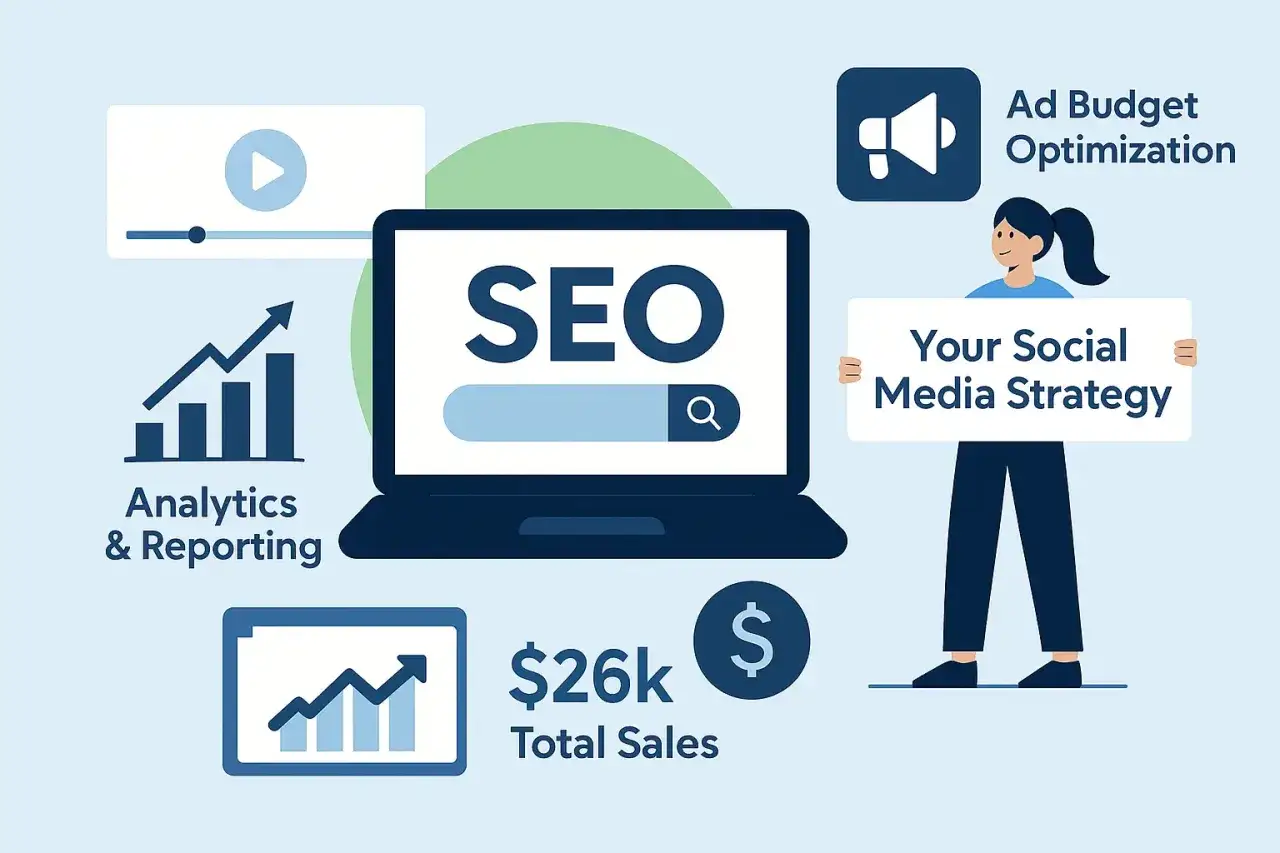 SEO-Strategie mit Analysen, Berichten, Social Media und optimiertem Werbebudget. ChatGPT hilft bei der Umsetzung.