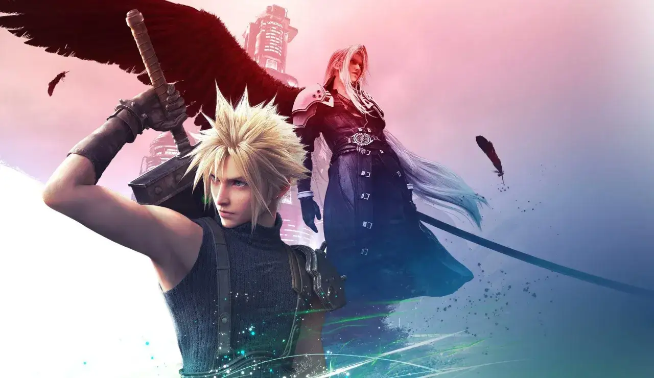 Cloud y Sephiroth, protagonistas de Final Fantasy VII Remake Parte 3, se enfrentan con alas y plumas flotando.