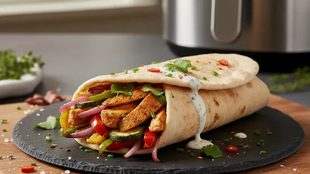 zdrowy kebab z dużą ilością warzyw, kebab z kurczakiem i warzywami
