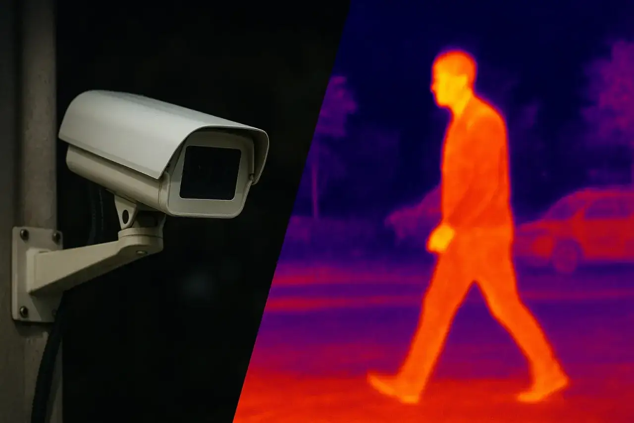 Caméra de surveillance et image thermique d'une personne marchant, montrant la vision nuit.