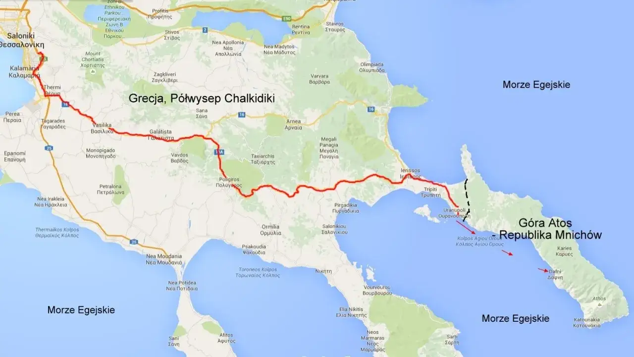 Mapa Grecji z zaznaczoną trasą na półwysep Athos, znany jako Republika Mnichów.