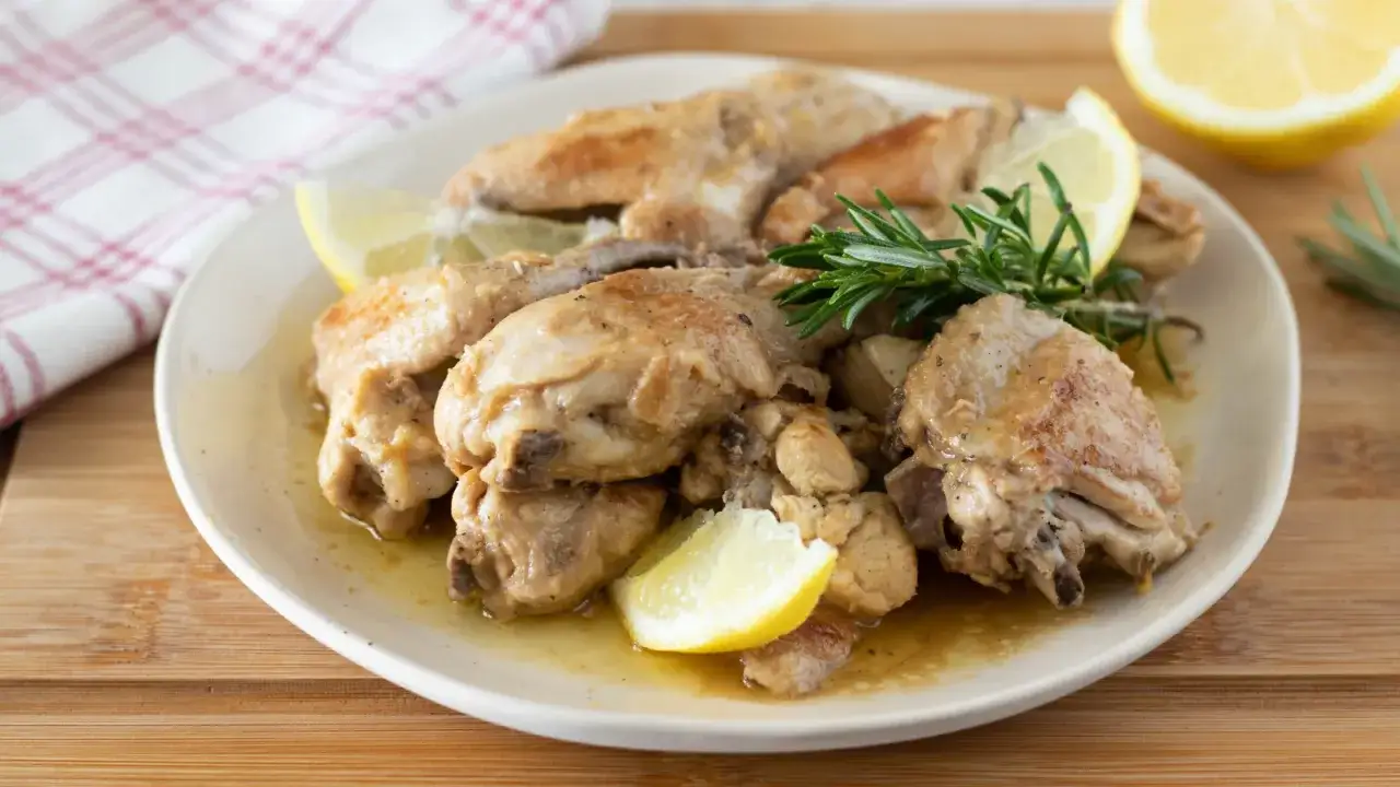 Succulento pollo in padella, dorato e profumato, servito con spicchi di limone e rametti di rosmarino.