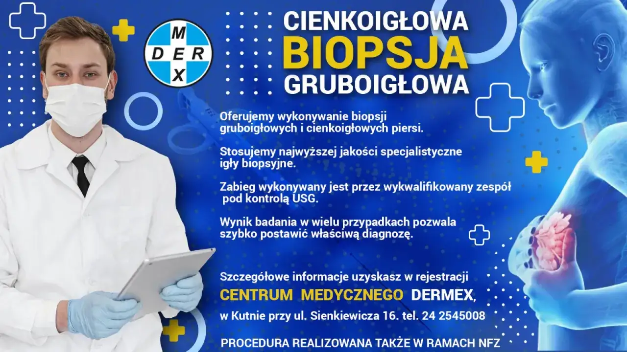 Lekarz w masce i fartuchu prezentuje informacje o biopsji mammotomicznej. Wykonywane są biopsje piersi pod kontrolą USG.