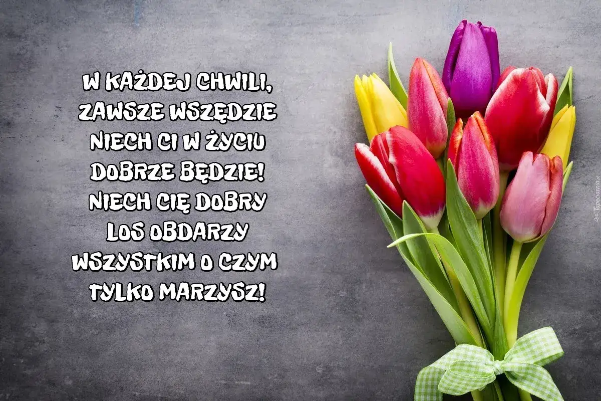 W bukiecie kolorowych tulipanów, życzenia uniwersalne: niech Ci w życiu dobrze będzie i los obdarzy wszystkim, o czym tylko marzysz!