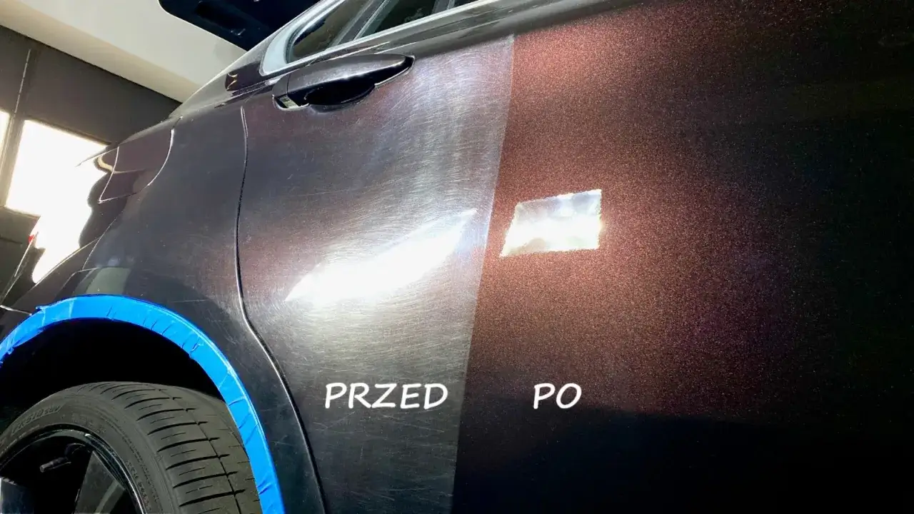 Porównanie lakieru przed i po polerowaniu. Zobacz, ile kosztuje polerowanie samochodu i jak odmienić jego wygląd.