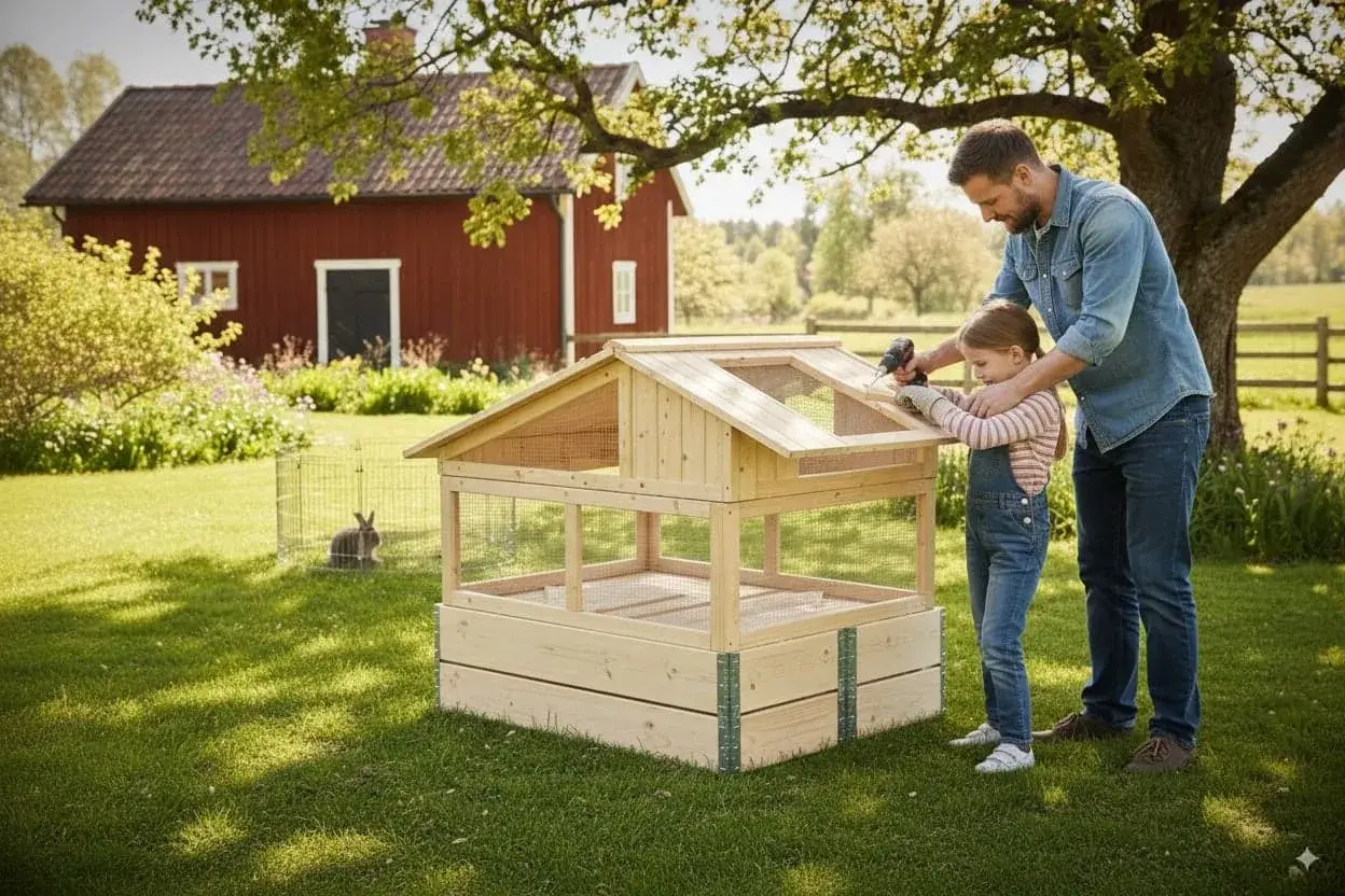 Pappa och dotter bygger en kaninbur i tr&auml;dg&aring;rden. En kanin tittar nyfiket p&aring; fr&aring;n sin inh&auml;gnad.