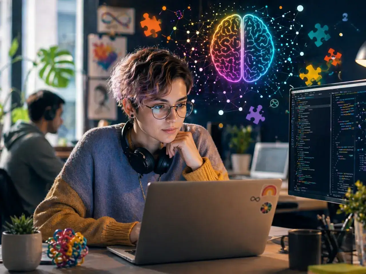 Une jeune femme concentr&eacute;e sur son &eacute;cran, entour&eacute;e d'&eacute;l&eacute;ments visuels &eacute;voquant l'intelligence et la r&eacute;solution de probl&egrave;mes. Les HP se reconnaissent entre eux, partageant cette passion pour la cr&eacute;ation.
