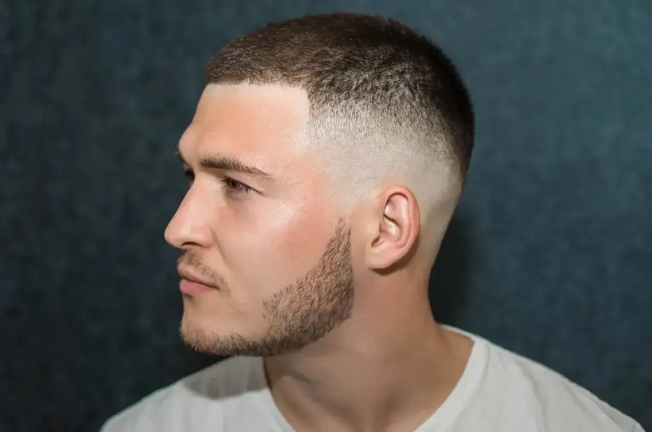Hombre con pelo rapado y barba corta, luciendo un corte moderno y limpio.