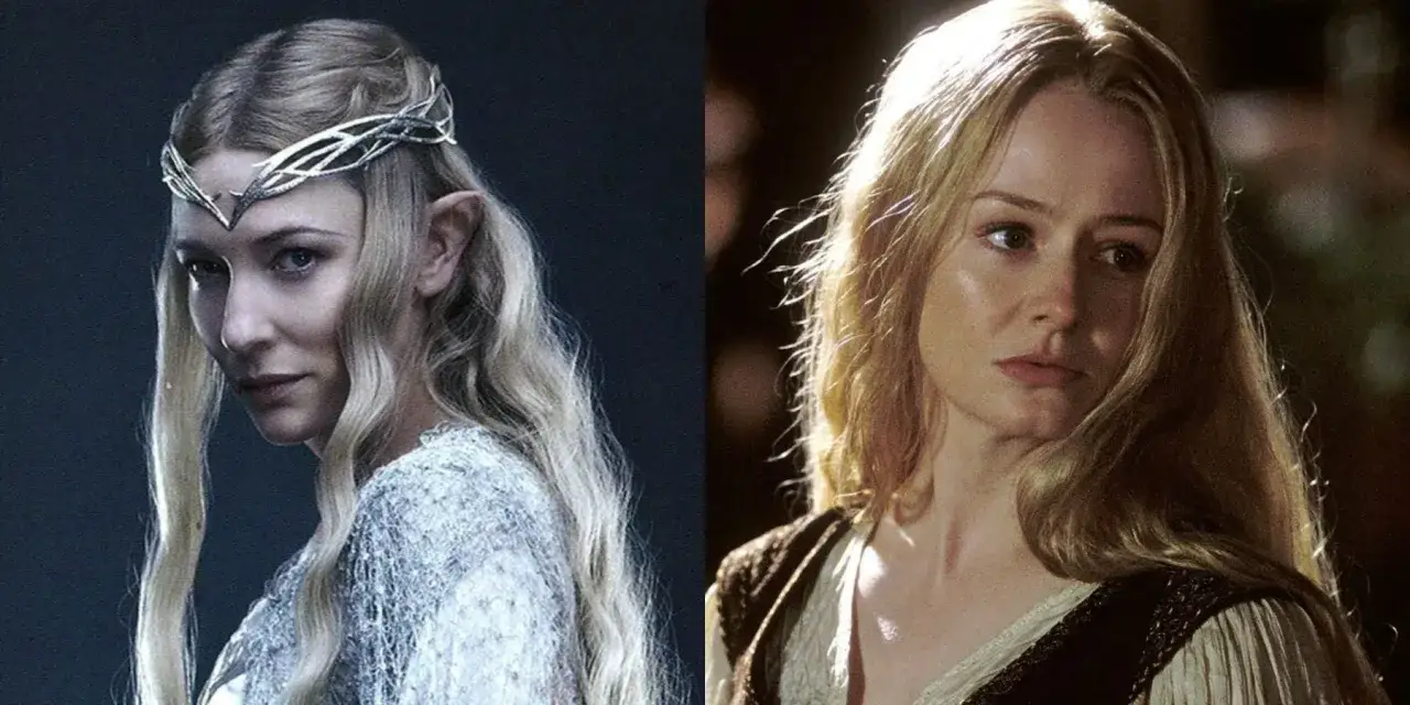 Zwei weibliche Figuren aus Herr der Ringe: Galadriel mit Elbenohren und Diadem, und Éowyn in Erdtönen.