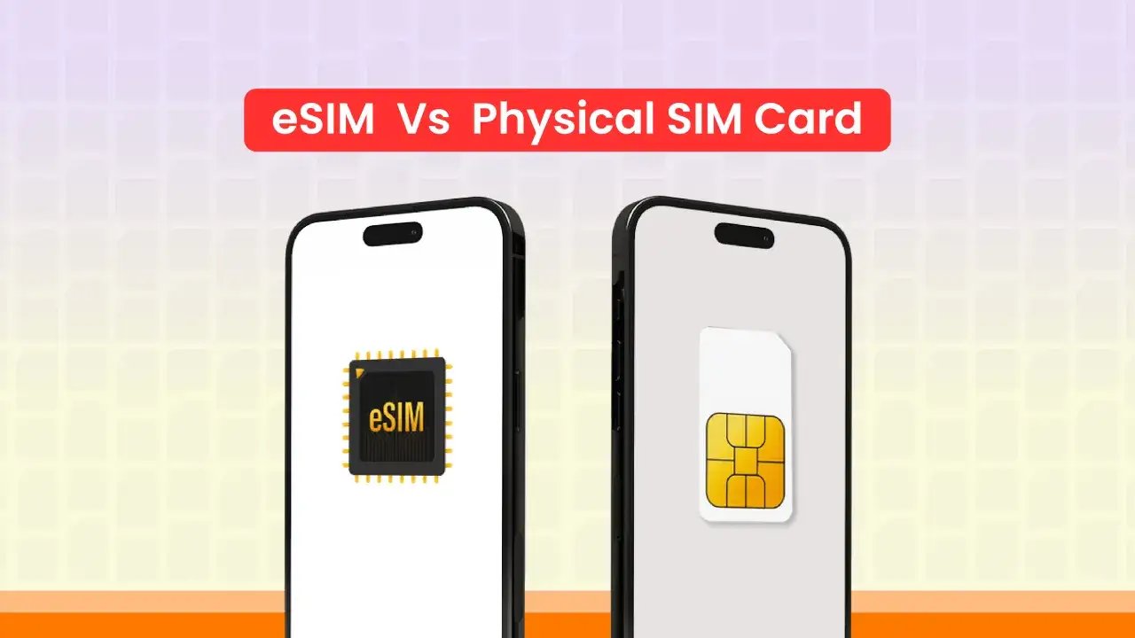 Deux t&eacute;l&eacute;phones, l'un avec une puce eSIM, l'autre avec une carte SIM physique. L'avantage eSIM est clair pour une connectivit&eacute; moderne.