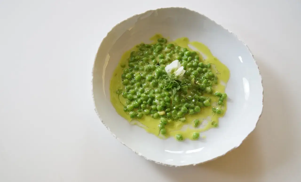 Guisantes de l&aacute;grima cremosos en un plato blanco, adornados con una flor blanca y brotes verdes.