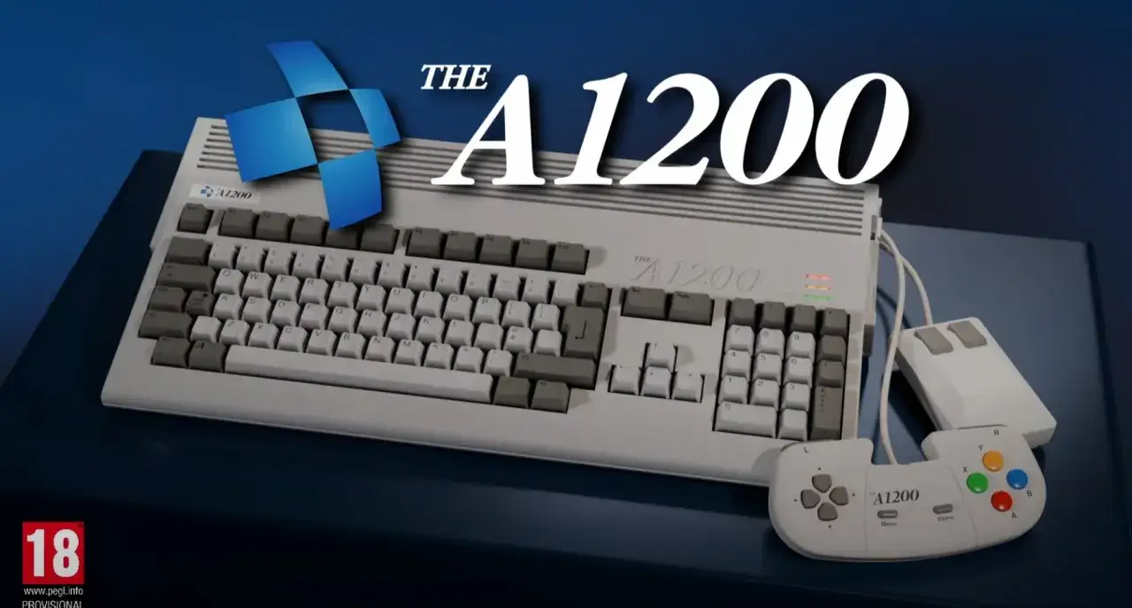 Klasyczny komputer Amiga A1200 z joystickiem i myszką, idealny do gier na Amigę.