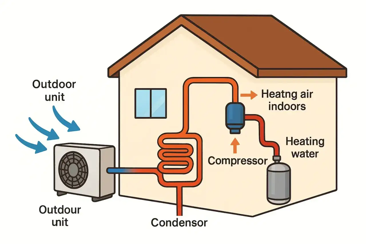 Sistema de aerotermia que calienta el aire interior y el agua. La unidad exterior capta calor del aire.
