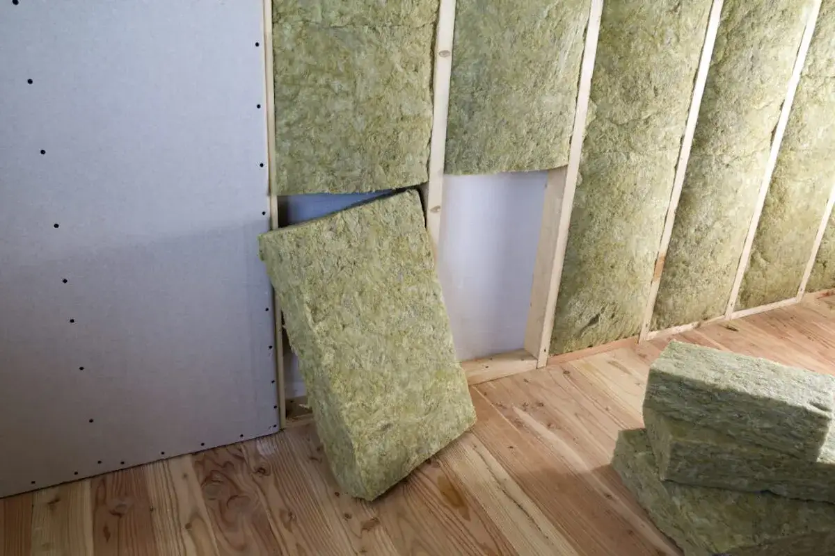 Installazione di isolamento interno pareti con pannelli di lana di roccia in una stanza in costruzione.