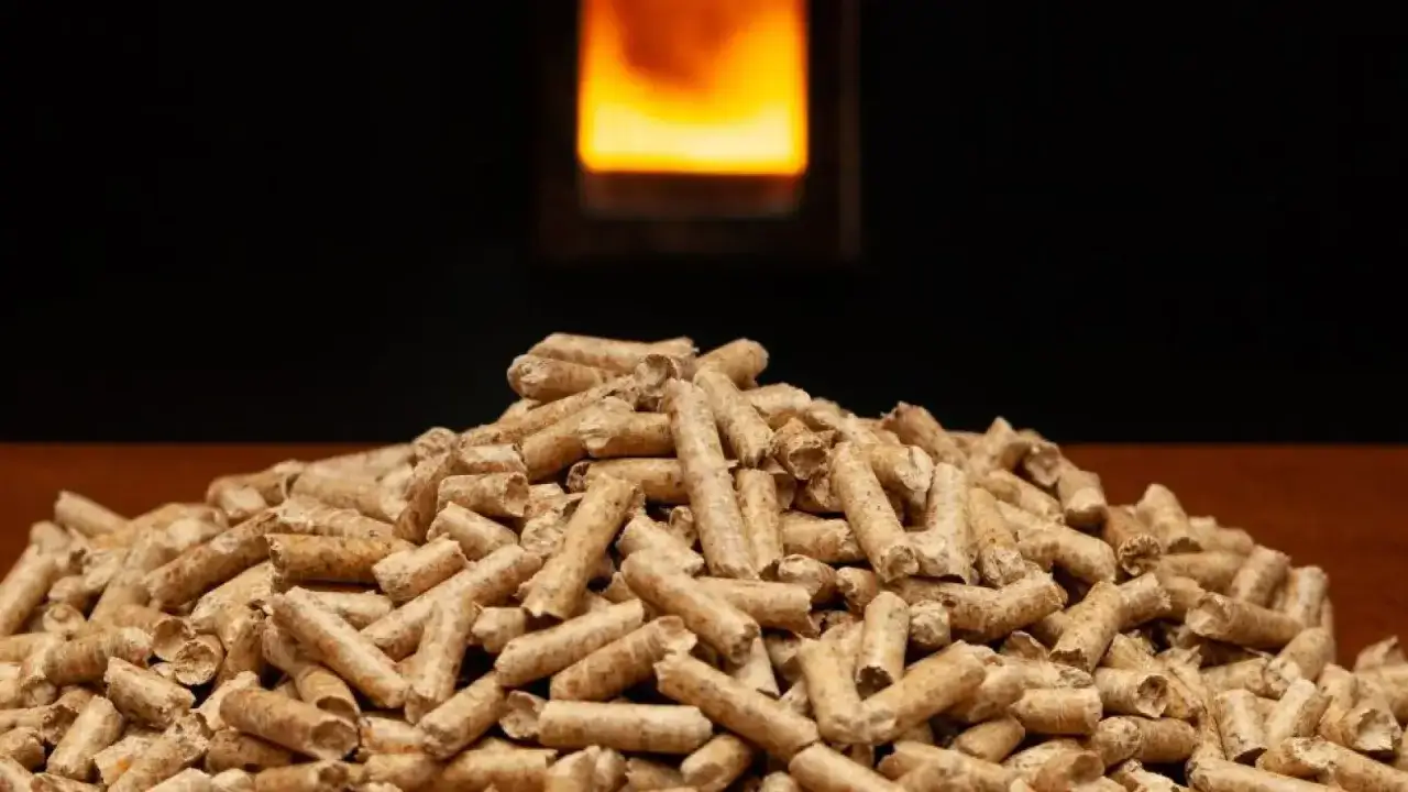 Mont&oacute;n de pellet de madera, combustible ecol&oacute;gico, listo para alimentar una estufa con fuego brillante al fondo.