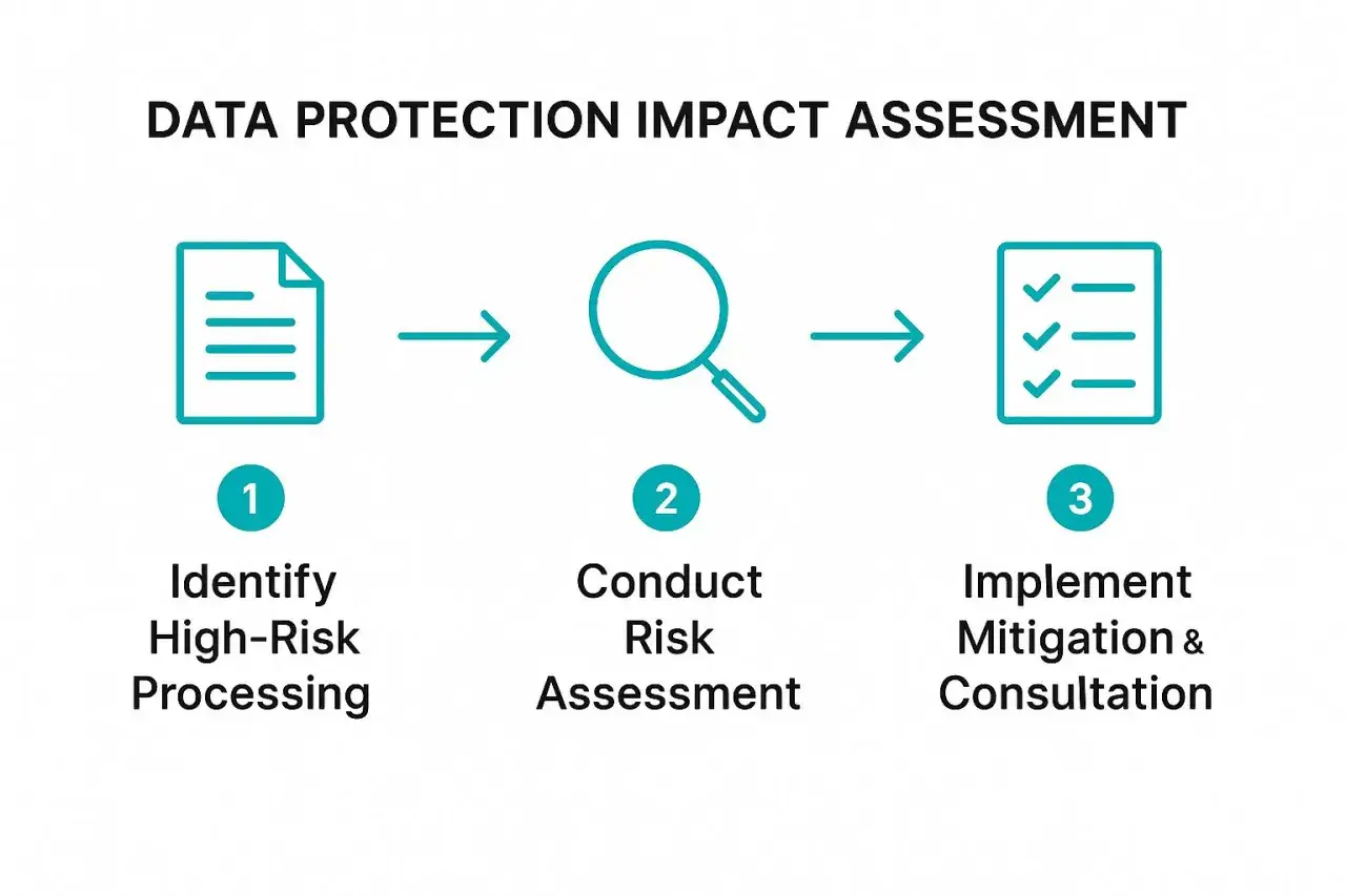 Data Protection Impact Assessment steps: Identify high-risk processing, conduct risk assessment, and implement mitigation. This process helps manage GDPR compliance risks.