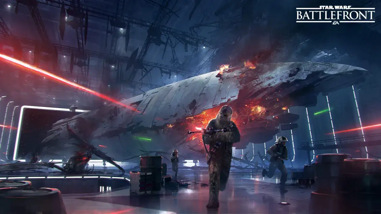 Chewbacca i szturmowcy walczą w zniszczonym hangarze, gdzie płonie statek kosmiczny. Scena z gry Star Wars Battlefront 3.