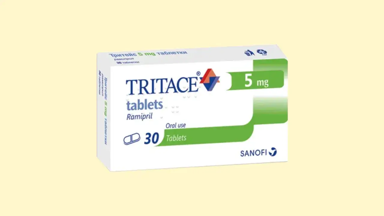 Opakowanie leku Tritace 5 mg z ramiprylem. Pomaga w leczeniu nadciśnienia i niewydolności serca, podobnie jak Betaserc na zawroty głowy.