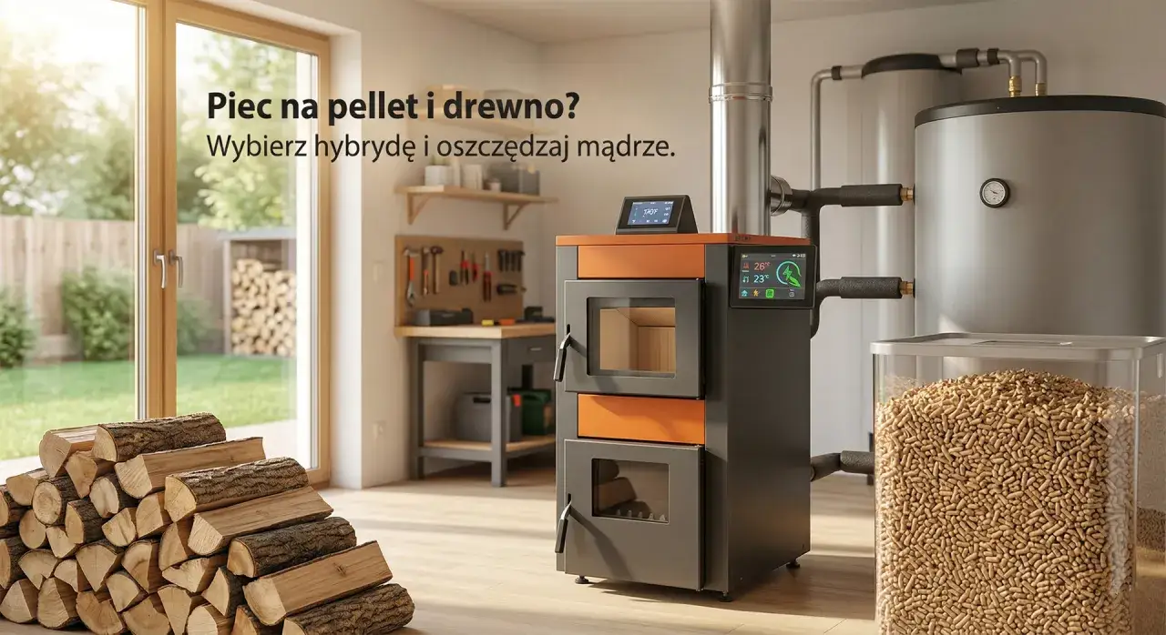 Nowoczesny piec hybrydowy na pellet i drewno. Stos drewna i zasobnik pelletu obok. Czy w piecu na pellet można palić drewnem? Tak, wybierz hybrydę!