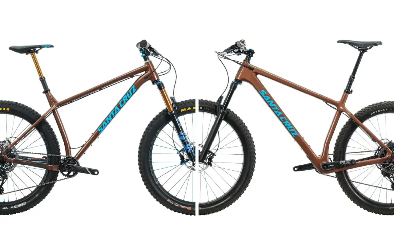 Two Santa Cruz mountain bikes, one carbon and one aluminum, are shown side-by-side, highlighting their differences.