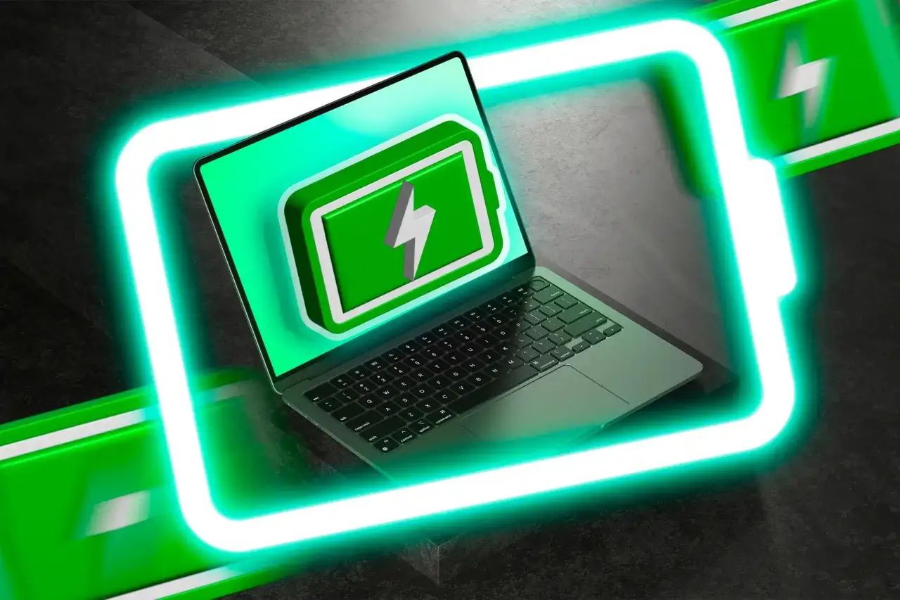 Laptop z ikoną baterii na ekranie, otoczony neonowym blaskiem. Idealny do wizualizacji pc health check.