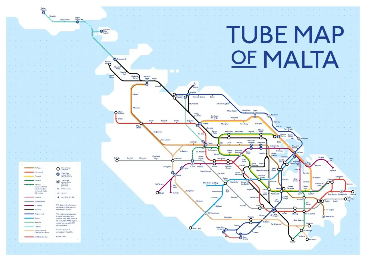 Mappa stilizzata di Malta che mostra come spostarsi con un sistema di trasporto pubblico simile alla metropolitana, con linee colorate che collegano varie localit&agrave;.