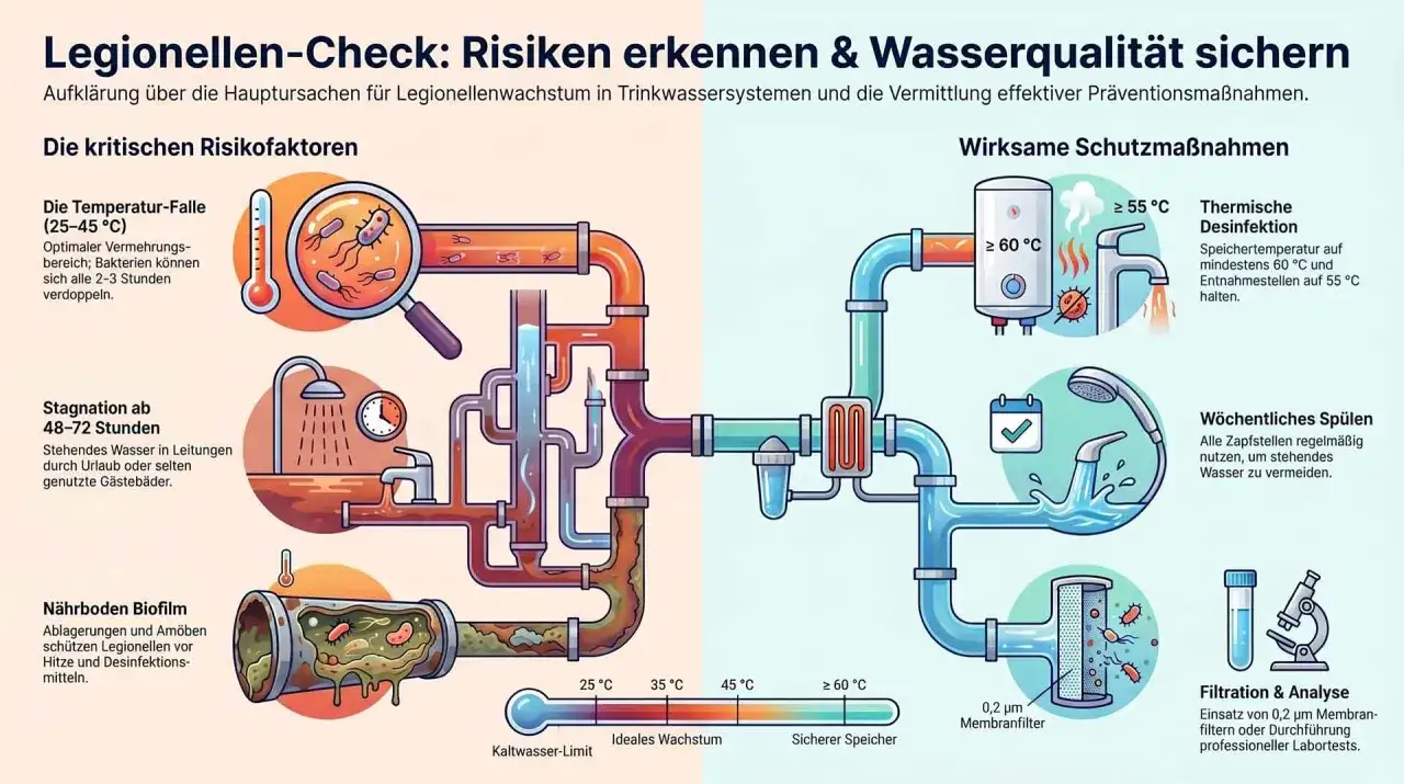 Infografik zeigt, wie Legionellen im Warmwasser wachsen und wie man sie durch Temperatur, Spülen und Filterung bekämpft.