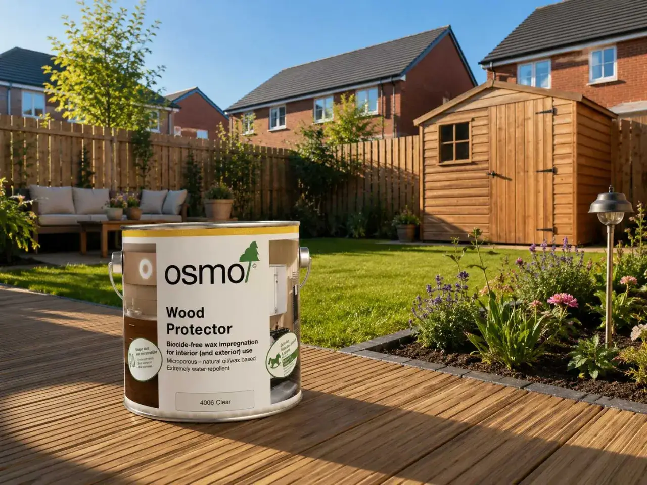 Boîte de Wood Protector Osmo sur une terrasse en bois. Idéal pour protéger le bois extérieur naturellement.