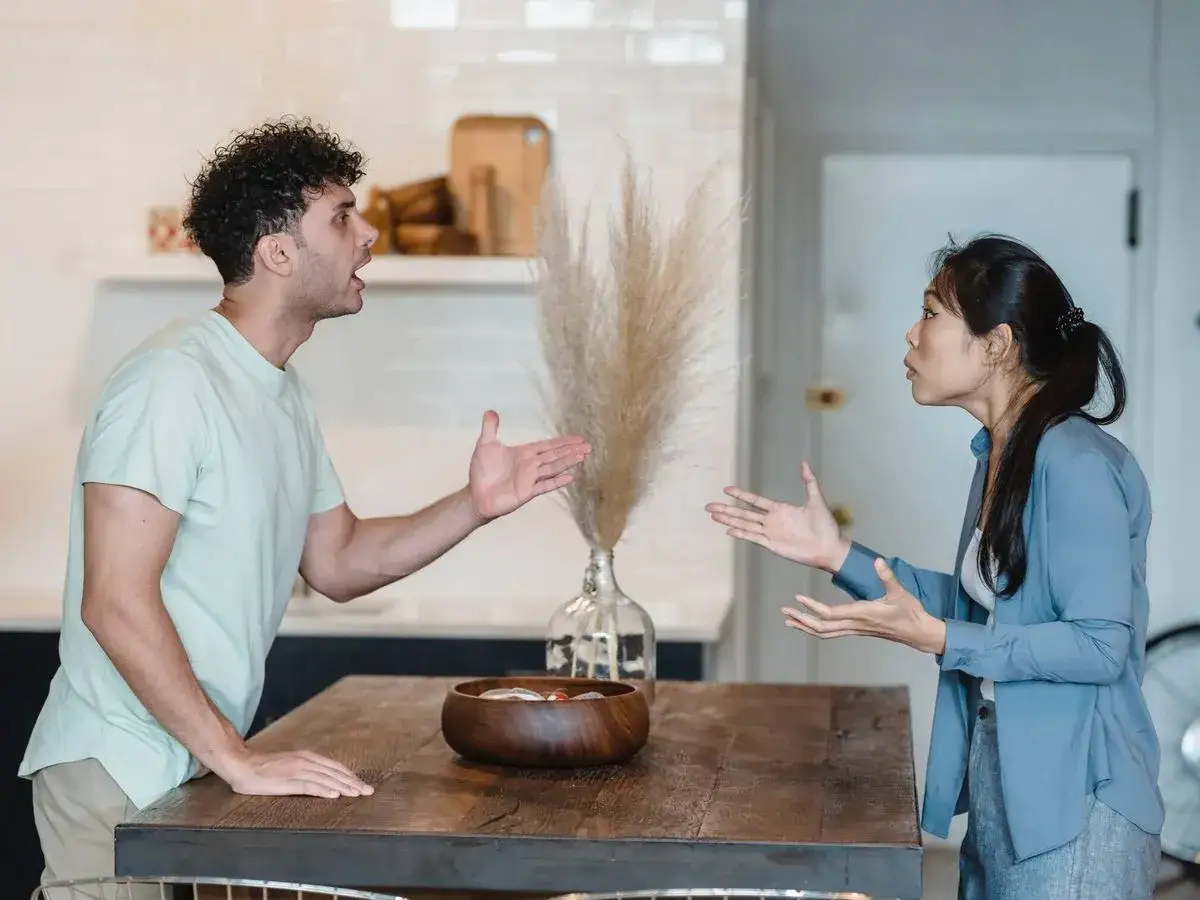 Pareja discutiendo acaloradamente. &Eacute;l gesticula con las manos, ella le mira fijamente. Parece que no soporto la convivencia con mi pareja.