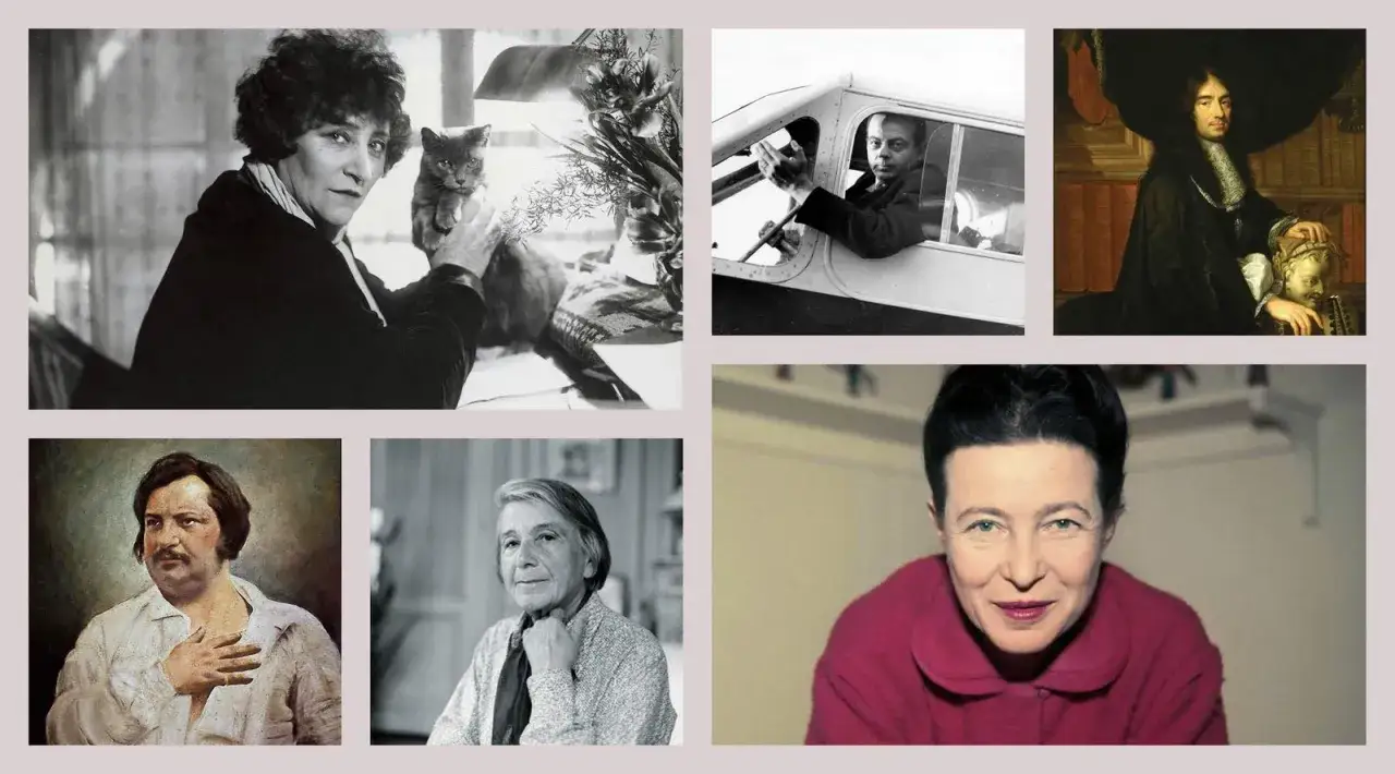 Kobieta z kotem, mężczyzna w samolocie, malowany portret, francuski pisarz w peruce i Simone de Beauvoir.