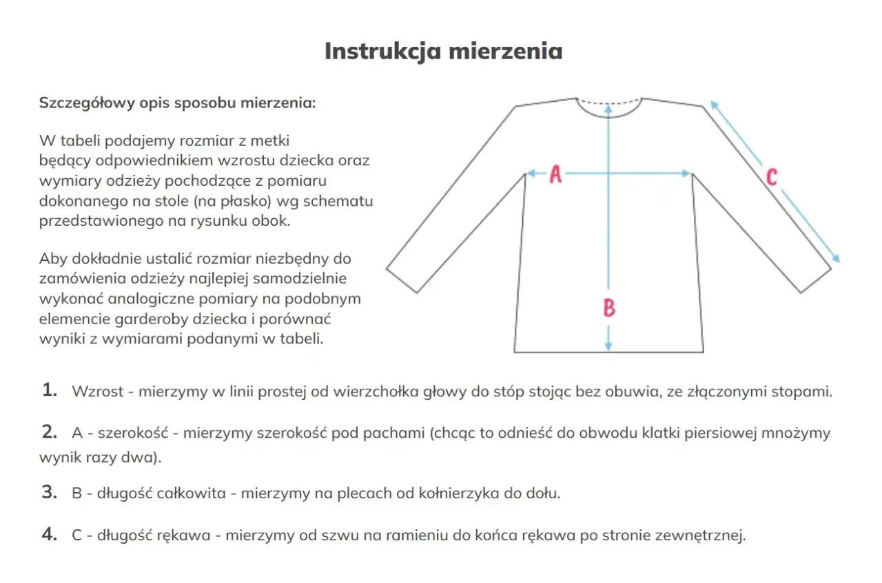 Instrukcja mierzenia koszulki: schemat pokazuje jak zmierzyć szerokość (A), długość całkowitą (B) i długość rękawa (C).