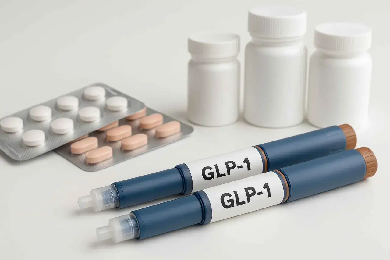 Dwa peny GLP-1, obok blistrów z tabletkami i białych buteleczek. GLP-1 to hormon wspomagający kontrolę poziomu cukru.