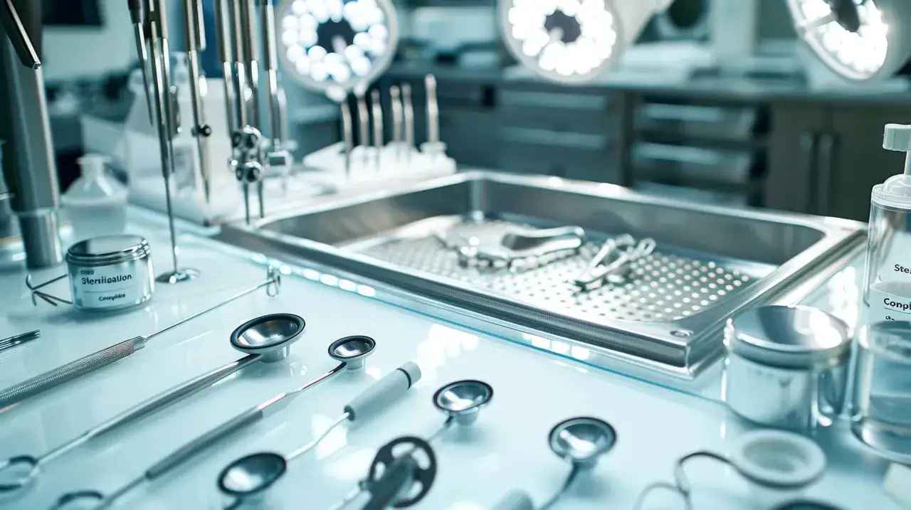 Instruments m&eacute;dicaux sur un plateau, pr&ecirc;ts pour la st&eacute;rilisation. Un produit d&eacute;sinfectant hopital est visible, garantissant la propret&eacute;.