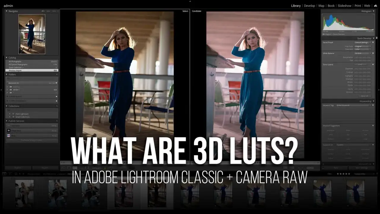 Porównanie zdjęć w Adobe Lightroom Classic, pokazujące efekt zastosowania 3D LUT do poprawy kolorów.
