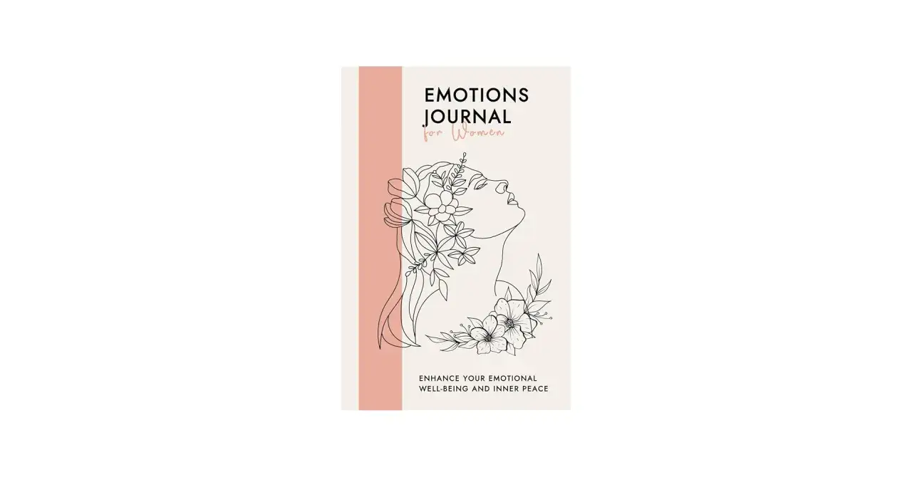 Copertina di un diario per donne, con un disegno stilizzato di un volto femminile adornato di fiori, ideale per liberare le emozioni e trovare pace interiore.