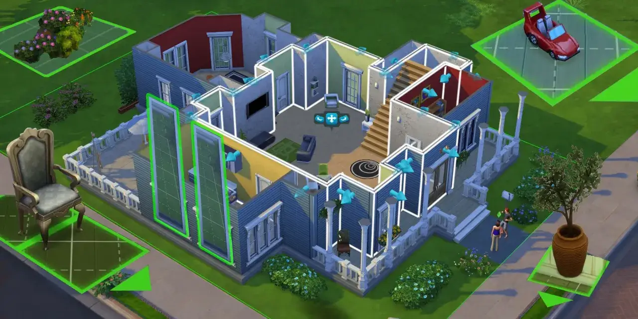 Widok domu w The Sims 4. Rozgrywka obejmuje budowanie, urządzanie i życie Simów.