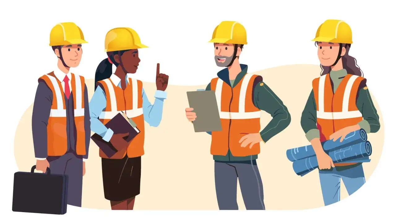Team di operai con caschi e giubbotti ad alta visibilità discutono un progetto. La sicurezza sul lavoro, quando è obbligatorio indossare questi DPI, è fondamentale.