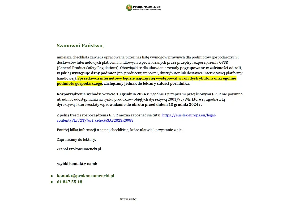 Lista kontrolna wyjaśniająca, co powinna zawierać instrukcja obsługi, z naciskiem na sprzedawców internetowych i ich obowiązki.