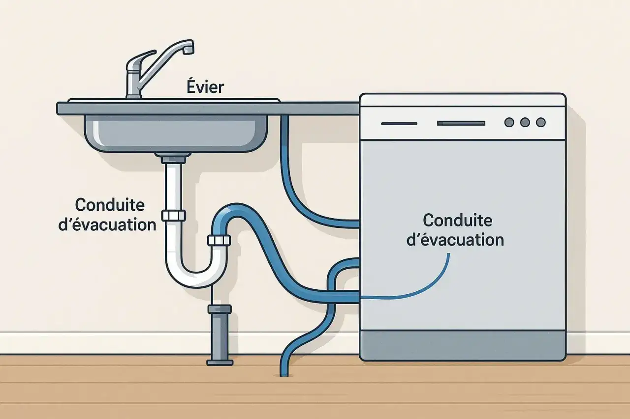 Schéma montrant comment débrancher lave vaisselle. Tuyaux d'évacuation du lavabo et de l'appareil reliés à la plomberie.