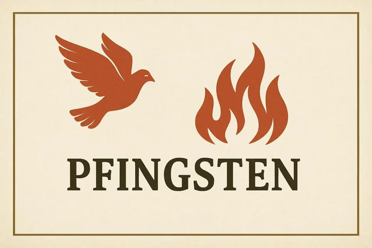 Symbolische Darstellung von Pfingsten: eine Taube und Flammen, die an die biblische Geschichte erinnern.