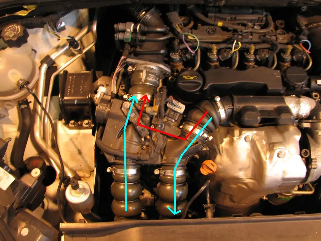 Motor de un p0192 Peugeot. Mangueras de admisión y turbo marcadas con flechas.