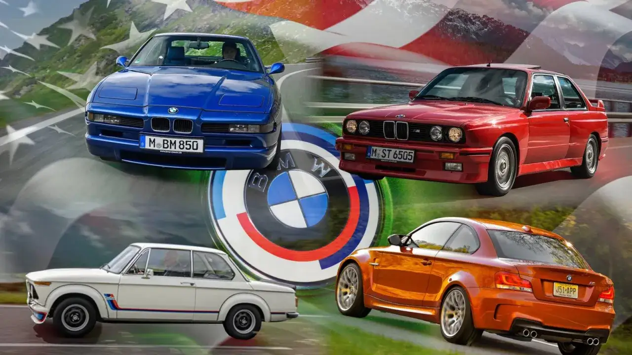 En hyllning till ikoniska bmw-modeller genom tiderna: en bl&aring; 8-serie, r&ouml;d E30 M3, vit 2002 och orange 1-serie M.