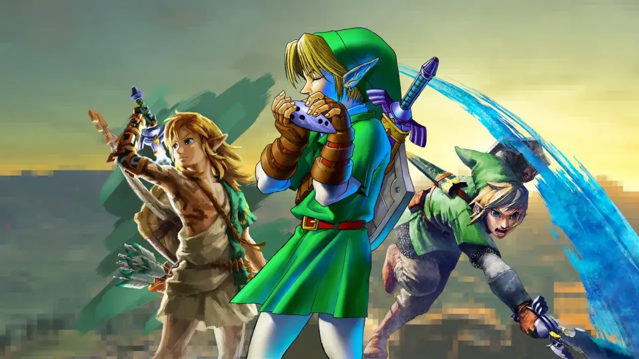 Trzech bohater&oacute;w z gry Legend of Zelda: Link gra na ocarinie, drugi z łukiem, trzeci z mieczem.