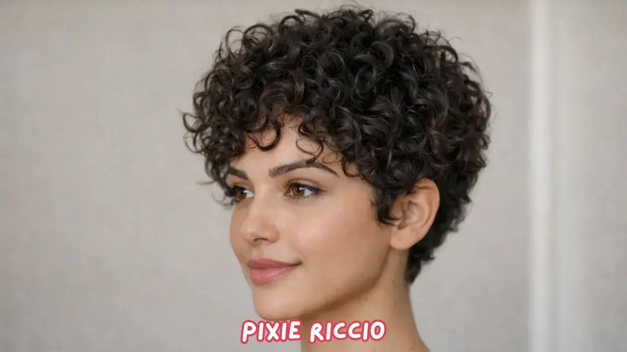 Tagli capelli corti ricci sbarazzini, un pixie cut voluminoso e definito che incornicia il viso con un look audace e fresco.