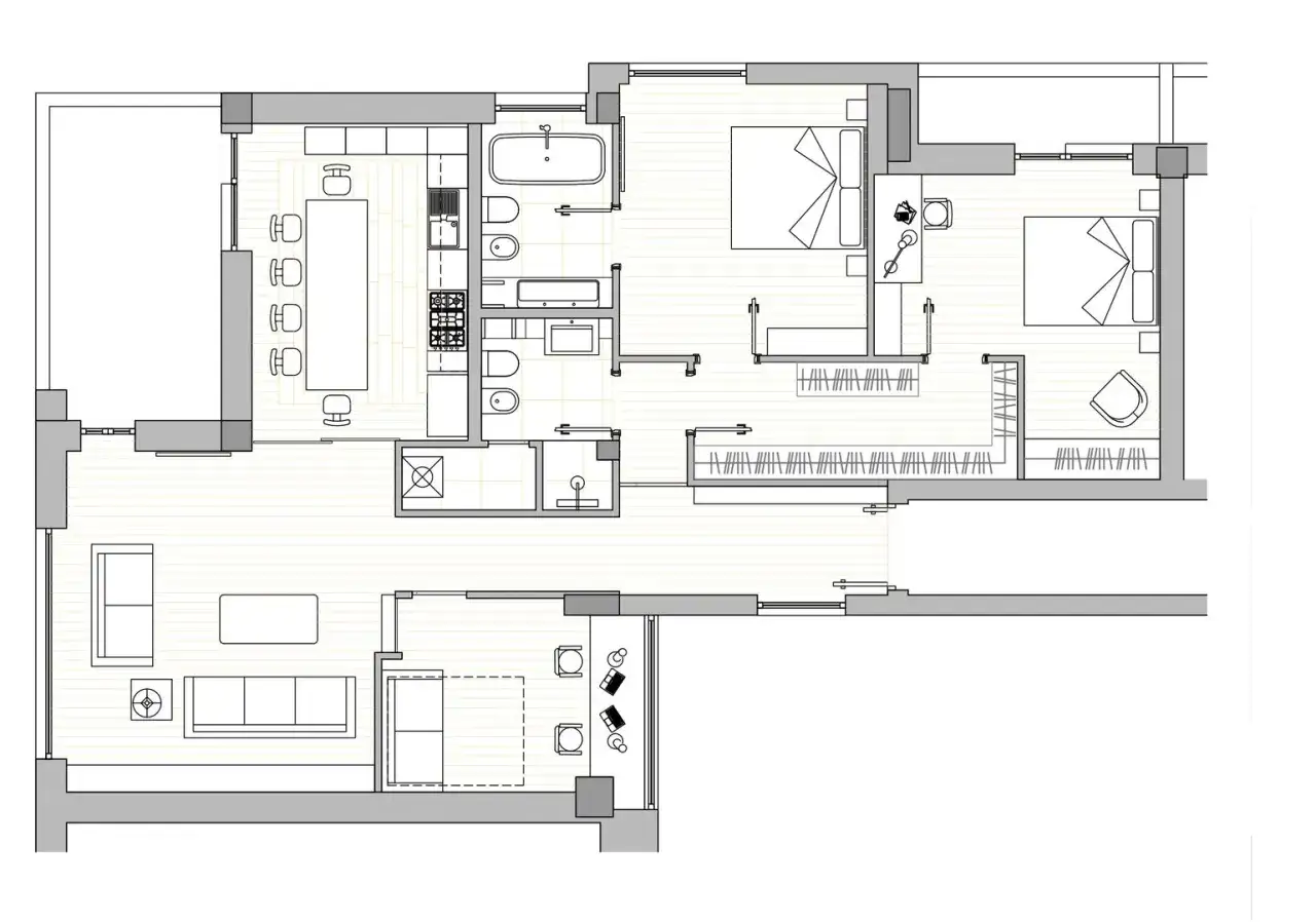 Progetto casa 120 mq un piano: pianta con soggiorno, cucina, sala da pranzo, due camere da letto, bagno e lavanderia.