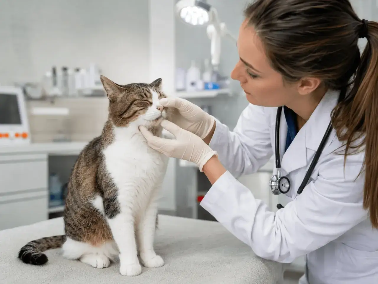 A veterinarian gently examines a tabby cat's face, checking for signs of a runny nose. The cat sits patiently on the examination table.