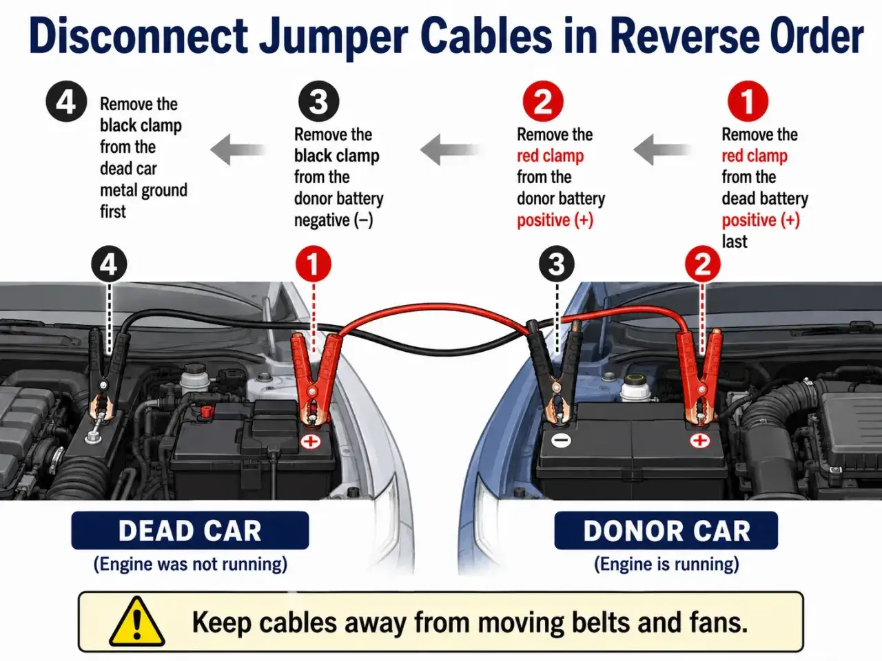 Diagram shows disconnecting jumper cables in reverse order: remove black clamp from dead car ground first, then black from donor, red from donor, and finally red from dead car.